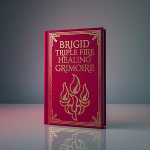 Puede incluir: Un grimorio rojo con letras y detalles dorados. La portada dice "BRIGID TRIPLE FIRE HEALING GRIMOIRE" sobre un diseño de llama estilizada. El libro está de pie sobre una superficie reflectante.