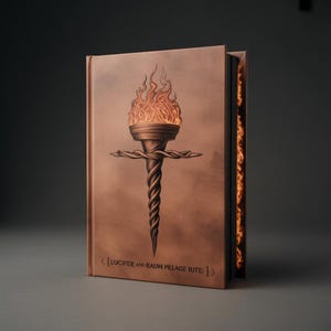 Può includere: Un libro marrone con un disegno di torcia sulla copertina. La torcia ha una fiamma in cima e un manico attorcigliato. Il testo "[LUCIFER AND RAUM PILLAGE RITE: ]" è stampato in basso sulla copertina.