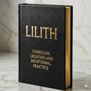 May include: A hardcover book titled "LILITH" with gold lettering. The book's cover is black with the subtitle "SYMBOLISM, CREATION AND DEVOTIONAL PRACTICE" also in gold. The edges of the pages are gilded.