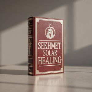Puede incluir: Un libro de tapa dura burdeos con detalles dorados. La portada presenta el texto "SEKHMET SOLAR HEALING" en blanco, con una ilustración de una figura egipcia. El lomo también tiene detalles dorados y texto.