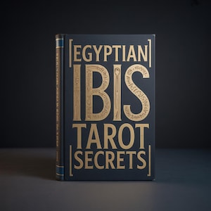 May include: A hardcover book titled "EGYPTIAN IBIS TAROT SECRETS" in gold lettering on a dark blue background. The spine is visible with text and a blue accent. The book is standing upright on a dark surface.