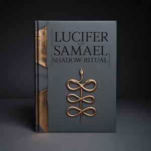 Puede incluir: Un libro de tapa dura titulado "LUCIFER and SAMAEL SHADOW RITUAL" con un diseño de serpiente en relieve dorado. El libro tiene una cubierta gris con detalles dorados en el lomo.