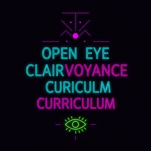 Puede incluir: Letrero de neón con las palabras "OPEN EYE CLAIRVOYANCE CURRICULUM" en turquesa y magenta sobre un fondo negro. El diseño incluye un símbolo de ojo y formas geométricas.