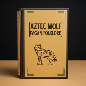 Può includere: Un libro con copertina rigida con una copertina beige. Il titolo "AZTEC WOLF PAGAN FOLKLORE" è stampato in nero. Un'illustrazione nera di un lupo con disegni aztechi è sotto. Il libro ha un dorso marrone scuro e bordi delle pagine dorati.