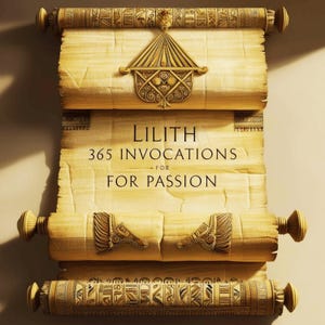 Può includere: Un rotolo dorato con il testo "Lilith 365 Invocations for Passion" su uno sfondo giallo. Il rotolo è decorato con disegni intricati e un ciondolo dorato.