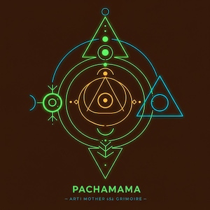 May include: Geometric design with neon green, blue, and orange lines on a brown background. The design includes triangles, circles, and other shapes, with the word "PACHAMAMA" and text below. The design has a mystical or spiritual theme.