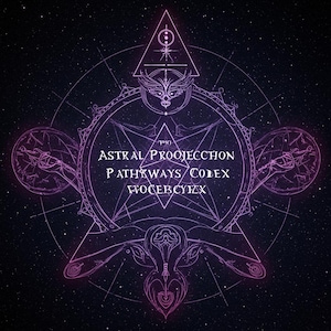 Pode incluir: Ilustração digital com um design geométrico complexo em tons de roxo e rosa sobre um fundo estrelado. O texto "ASTRAL PROJECTION PATHWAYS/CODEX" é exibido em destaque. A obra tem um tema místico.