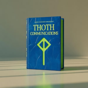 Puede incluir: Un libro azul titulado "THOTH COMMUNICATIONS" con letras verdes y un símbolo verde. El libro tiene una cubierta texturizada y un lomo verde. El texto "ODPOR IDGEOROO ONS OCCULT" está encima del título.