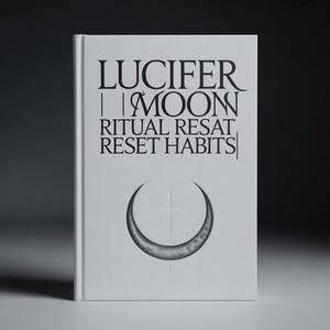 May include: A hardcover book titled "LUCIFER MOON RITUAL RESAT RESET HABITS" in black text on a white background. The cover features a crescent moon design with a cross in the center. The book is displayed against a dark background.