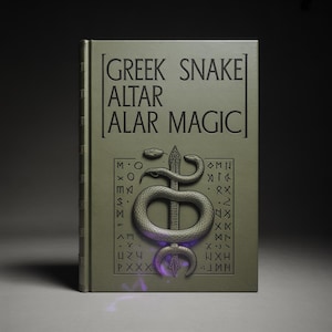 May include: A hardback book with the title "GREEK SNAKE ALTAR ALAR MAGIC" embossed on the cover. The cover is olive green with a raised silver snake and staff design. The book has a decorative border with symbols.