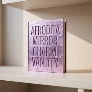 Może przedstawiać: Lawendowa książka z wytłoczonym tekstem "AFRODITA MIRROR CHARM VANITY" jest prezentowana na białej półce. Książka ma teksturowane, metaliczne wykończenie i jest ustawiona pionowo. Tło jest neutralne beżowe.