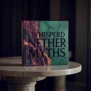 Puede incluir: Un libro titulado "Whisperd Nether Myths" se muestra sobre una mesa de mármol. La portada presenta un diseño abstracto verde y morado, con el título en letras grandes y negras. El lomo del libro también tiene texto.