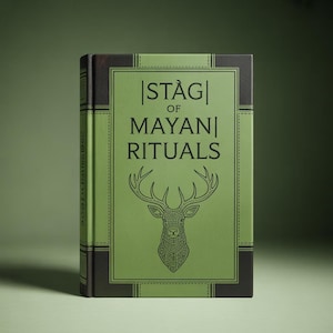 Könnte beinhalten: Ein Hardcover-Buch mit dem Titel "Stag of Mayan Rituals" mit grünem Einband und einer Hirschillustration. Das Buch hat einen dunkelbraunen Buchrücken und einen dekorativen Rahmen. Der Text und die Hirschillustration sind in Schwarz.