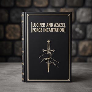 Può includere: Un libro nero con scritte e bordi dorati. Il titolo recita "LUCIFER AND AZAZEL FORGE INCANTATION" sopra un'illustrazione di una spada tenuta da due mani. Il libro è su una superficie grigia con uno sfondo di mattoni.