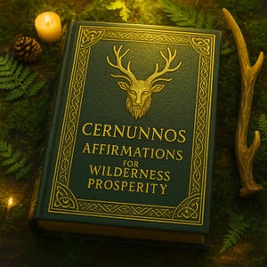 May include: A dark green book with gold embossed text and a deer head design. The book reads "CERNUNNOS AFFIRMATIONS FOR WILDERNESS PROSPERITY". The book is surrounded by greenery, a candle, and a deer antler.