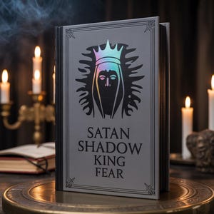 Può includere: Un libro grigio con le parole "SATAN SHADOW KING FEAR" sulla copertina. La copertina presenta un'illustrazione nera di un volto incoronato con riflessi iridescenti. Il libro è aperto, rivelando le pagine, ed è circondato da candele accese.