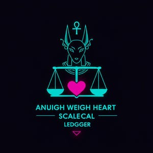 May include: A teal and pink graphic on a black background. The design features a teal Anubis-like figure above a scale with teal pans and a pink heart. Text below reads "ANUIGH WEIGH HEART SCALE CAL LEDGGER."