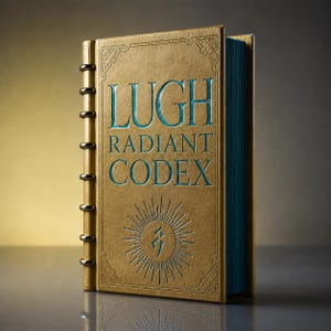 May include: A hardback book with a gold cover and teal lettering that reads "LUGH RADIANT CODEX". The cover has an embossed sunburst design with a lightning bolt symbol. The book's pages are teal, and it is bound with metal rings.