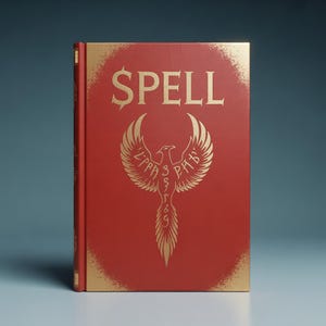 May include: A red book with the word "SPELL" in gold lettering. A gold phoenix design is centered on the cover. The book's edges are trimmed in gold, and the spine is visible on the left side.