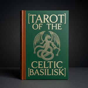 May include: A hardcover book titled "TAROT OF THE CELTIC BASILISK." The cover is emerald green with gold lettering and a gold illustration of a winged serpent. The spine is a warm brown color.