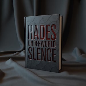 Puede incluir: Un libro de tapa dura titulado "HADES UNDERWORLD SILENCE". La portada es de color gris oscuro con el título en negrita y rojo. El libro está sobre un fondo drapeado gris oscuro.
