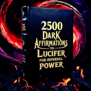 Puede incluir: Un libro azul oscuro con el título "2500 Dark Affirmations to Lucifer for Infernal Power" en letras doradas. La imagen presenta un fondo ardiente y llamas en la base del libro.