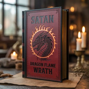 Puede incluir: Un libro encuadernado en cuero rojo con la palabra "SATAN" grabada en la portada. Una ilustración de un dragón está centrada dentro de un círculo de fuego. Las palabras "DRAGON FLAME WRATH" están debajo del dragón. Las páginas del libro tienen bordes dorados.