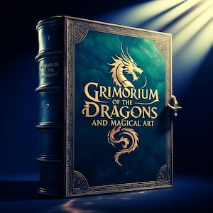 Puede incluir: Un libro encuadernado en cuero verde con detalles dorados y un diseño de dragón. El título dice "Grimorum of the Dragons and Magical Art".
