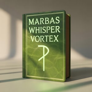 May include: A hardcover book with a green cover and the title "MARBAS WHISPER VORTEX" in white lettering. A white symbol is below the title. The book has a textured appearance and gold-colored edges.