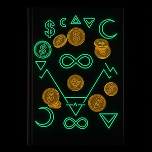 Può includere: Un taccuino nero con un design verde e oro brillante. Il design include simboli del dollaro, monete, simboli dell'infinito, triangoli e mezzelune. Il taccuino ha un'estetica minimalista e geometrica.