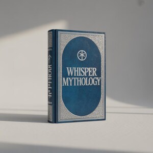 以下が含まれることがあります： 「Whisper Mythology」というタイトルのハードカバー本。濃い青色の表紙に銀色のアクセント。本は銀色の縁取りと中央の楕円のデザインが特徴。タイトルは白で、その上にシンボルがあります。