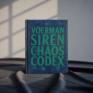May include: A hardcover book titled "VOERMAN SIREN CHAOS CODEX" in large green letters on a dark blue cover. The book is set against a neutral background with shadows.