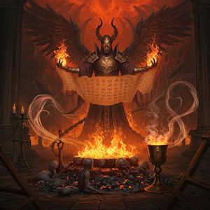 Pode incluir: Ilustração digital de uma figura demoníaca com grandes asas negras e chifres, segurando chamas. A figura, em armadura, está diante de um altar de fogo, com um pergaminho na mão. A cena se passa em um ambiente gótico escuro.