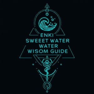 Puede incluir: Un diseño geométrico turquesa sobre un fondo negro. El diseño incluye una ola, círculos, triángulos y el texto "ENKI SWEEET WATER WATER WISOM GUIDE". El diseño tiene un efecto de brillo neón.