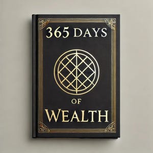 Puede incluir: Un libro negro con un título en relieve dorado que dice "365 Days of Wealth". La portada presenta un círculo dorado con un diseño geométrico.