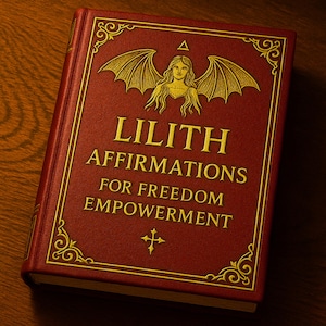 Peut inclure: Un livre à couverture rigide rouge avec des lettres dorées. Le titre est "LILITH AFFIRMATIONS FOR FREEDOM EMPOWERMENT". La couverture présente une illustration dorée d'une femme ailée. Des volutes dorées ornent le titre.