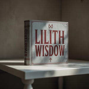 May include: A hardcover book titled "LILITH WISDOW" in red lettering on a textured, silver-colored cover. The book is on a white table, with the spine visible, displaying the title vertically. The book's design includes symbols and a decorative border.
