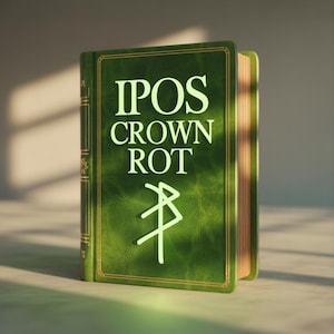 May include: A hardcover book with a green cover and gold trim. The title "IPOS CROWN ROT" is displayed in large, white letters. A white symbol is below the title. The book's pages are visible and have a light brown color.