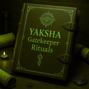 May include: A dark brown leather-bound book with a green title that reads "Yaksha Gatekeeper Rituals". The book has a decorative design on the cover and a metal clasp.