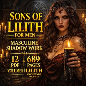 May include: Digital artwork promoting "Sons of Lilith" for men, featuring a woman holding a candle. Text includes "Masculine Shadow Work," "12 PDF Volumes," and "689 Pages." The image has a dark, mystical theme with gold and red accents.