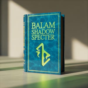 May include: A hardcover book titled "BALAM SHADOW SPECTER" with a teal cover and gold lettering. The cover features a teal and gold emblem. The book's spine is visible, and the book is resting on a light-colored surface.