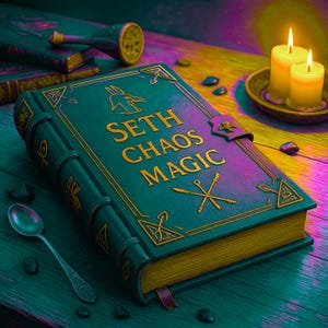 May include: A green leather-bound book with gold lettering and decorative accents. The title of the book is "Seth Chaos Magic".