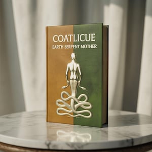 Könnte beinhalten: Ein Hardcover-Buch mit dem Titel "COATLICUE EARTH SERPENT MOTHER" mit einem gold-grünen Einband. Das Cover zeigt eine silberne Illustration einer menschenähnlichen Figur mit Schlangenschwanz und zwei Schlangen. Das Buch liegt auf einem weißen Marmortisch.