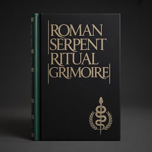Könnte beinhalten: Ein schwarzes Buch mit goldener Schrift, das "Roman Serpent Ritual Grimoire" liest. Unter dem Titel befindet sich ein goldenes Schlangen- und Lorbeerkranz-Emblem. Der Buchrücken ist grün mit goldenen Akzenten.
