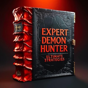 Puede incluir: Un libro encuadernado en cuero negro con lomo rojo y detalles dorados. El título es "Expert Demon Hunter: Ultimate Strategies".