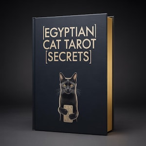 Könnte beinhalten: Ein dunkelblaues Hardcover-Buch mit dem Titel "EGYPTIAN CAT TAROT [SECRETS]" in goldener Schrift. Das Cover zeigt eine schwarze Katze, die eine Tarotkarte hält. Das Buch hat goldfarbene Kanten.