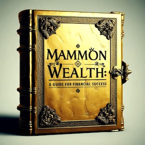 Puede incluir: Un libro de color dorado con un diseño ornamentado y el título "Mammon Wealth: A Guide for Financial Success" en la portada.