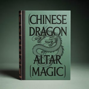 Può includere: Un libro con copertina rigida intitolato "Chinese Dragon Altar Magic" con una copertina verde con un'illustrazione nera di due draghi. Il dorso è marrone scuro con dettagli dorati. Il titolo è in grassetto nero.