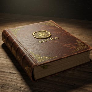 May include: A brown leather-bound book with gold detailing and the word "MITRA" embossed on the cover. A gold medallion with a sun design is centered on the cover. The book rests on a wooden surface.
