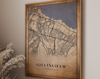 Gillingham, UK Vintage Style Map Poster